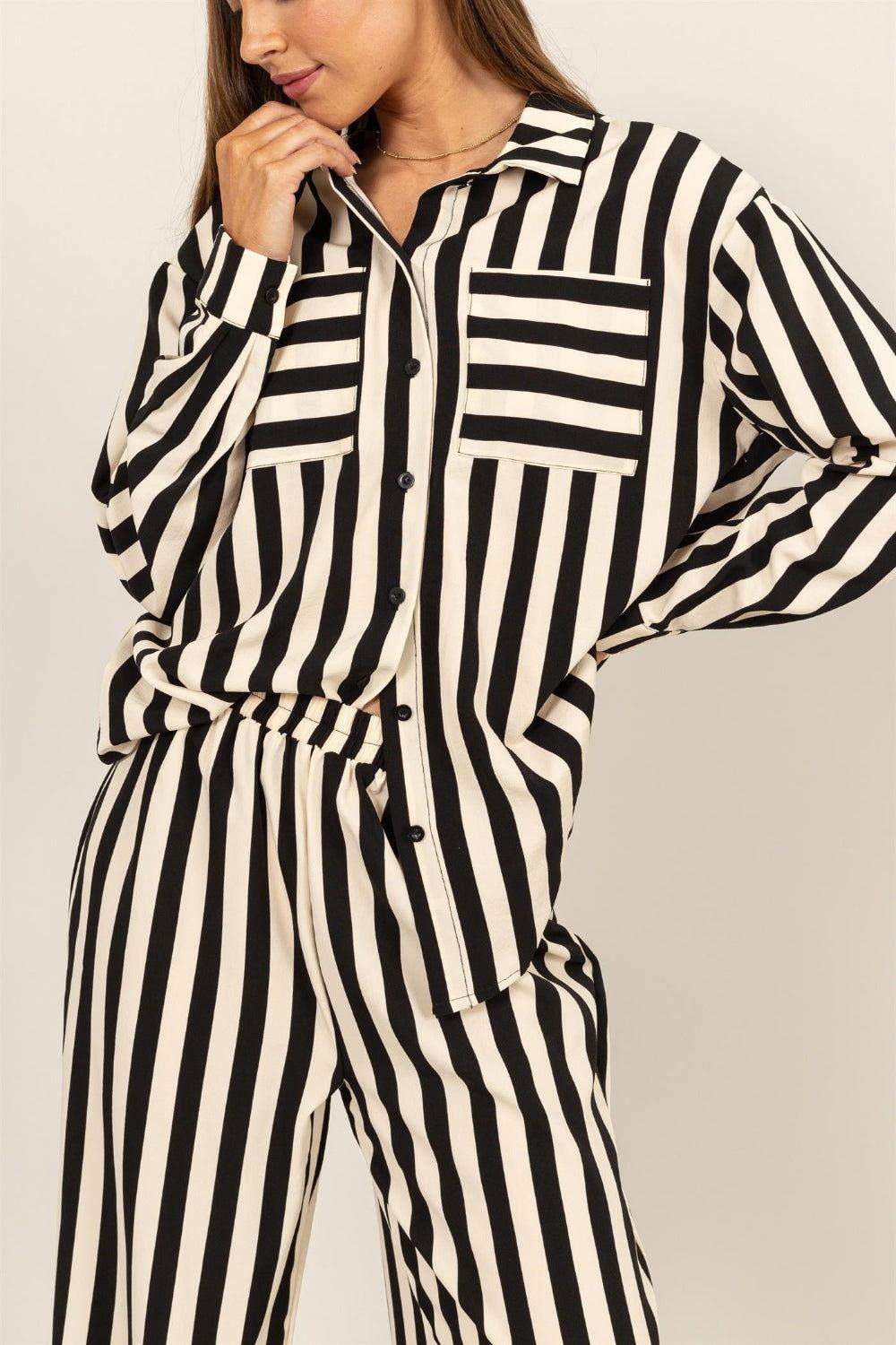 HYFVE Striped Button Up Shirt and Pants Set - Clothes For Her Online Store
