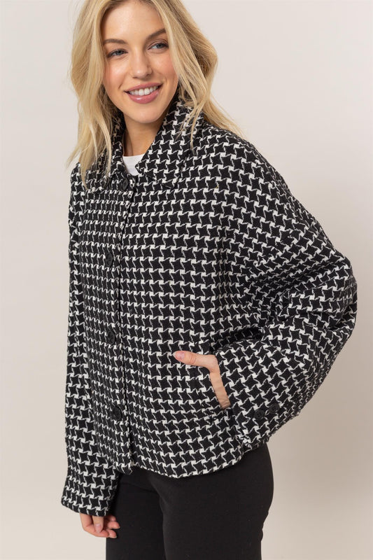 HYFVE Tweed Plaid Button Up Collared Neck Jacket - Clothes For Her Online Store