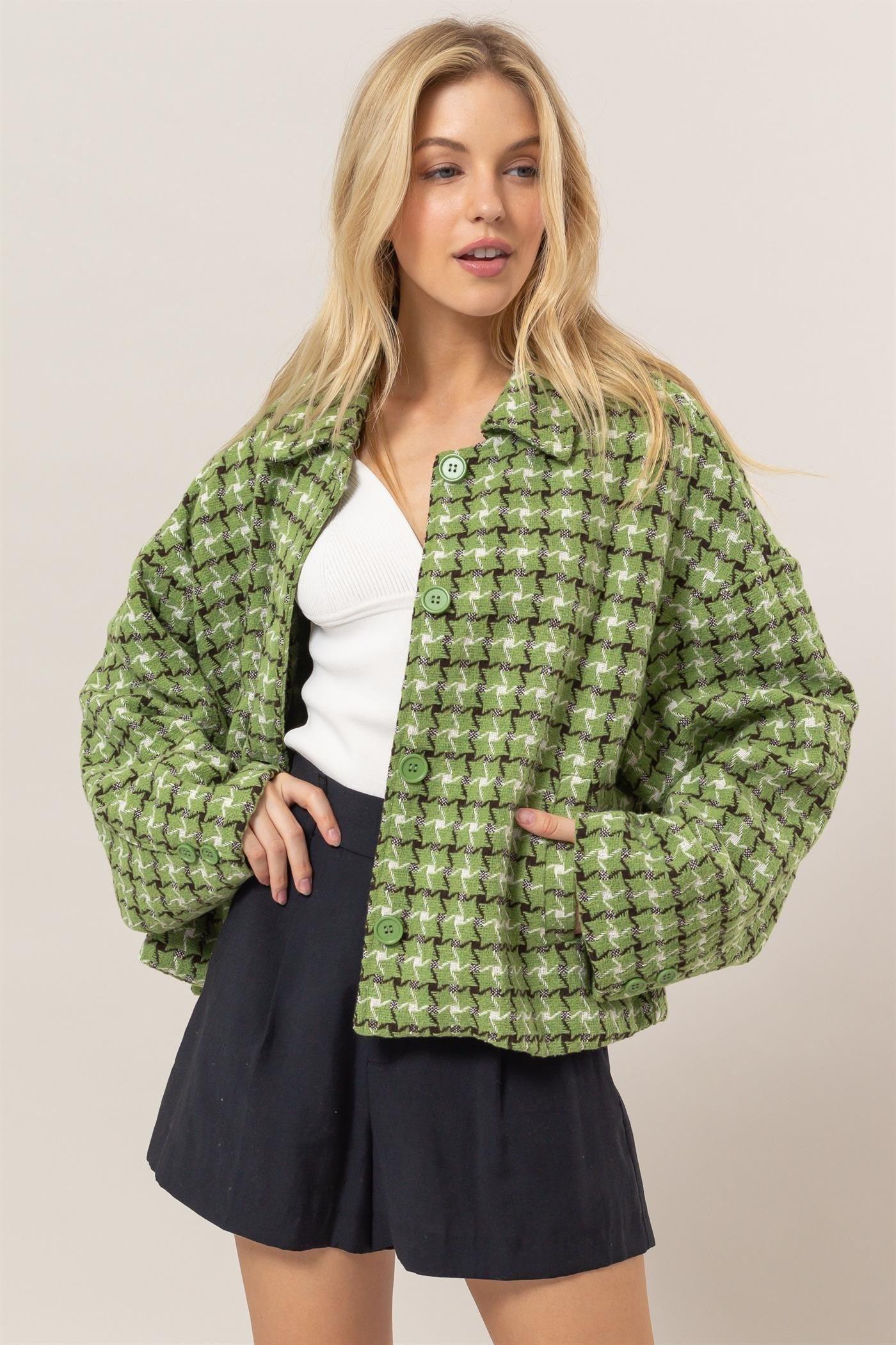 HYFVE Tweed Plaid Button Up Collared Neck Jacket - Clothes For Her Online Store