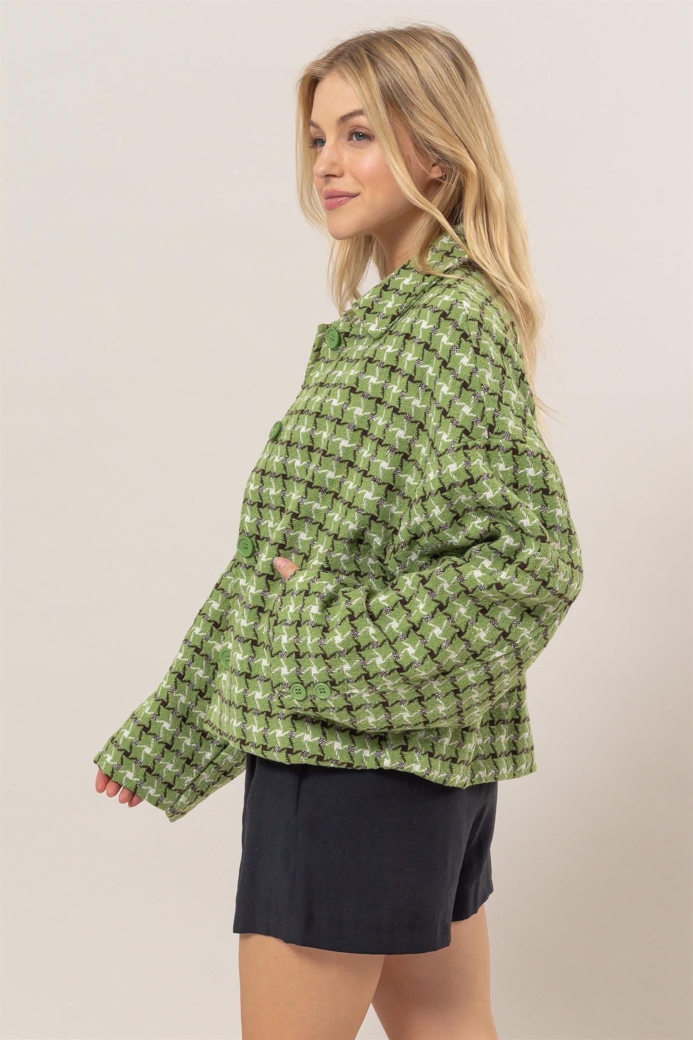 HYFVE Tweed Plaid Button Up Collared Neck Jacket - Clothes For Her Online Store