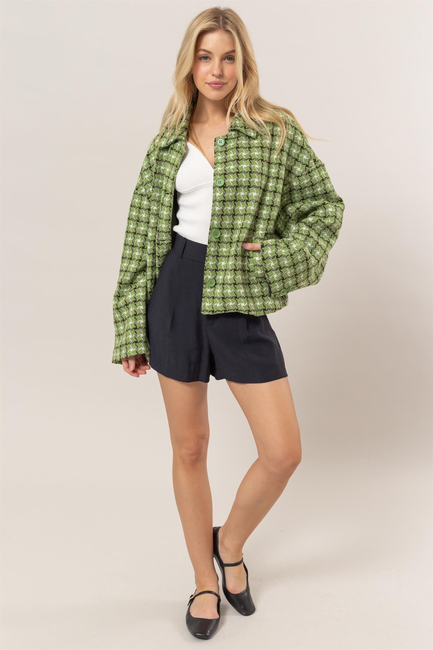 HYFVE Tweed Plaid Button Up Collared Neck Jacket - Clothes For Her Online Store