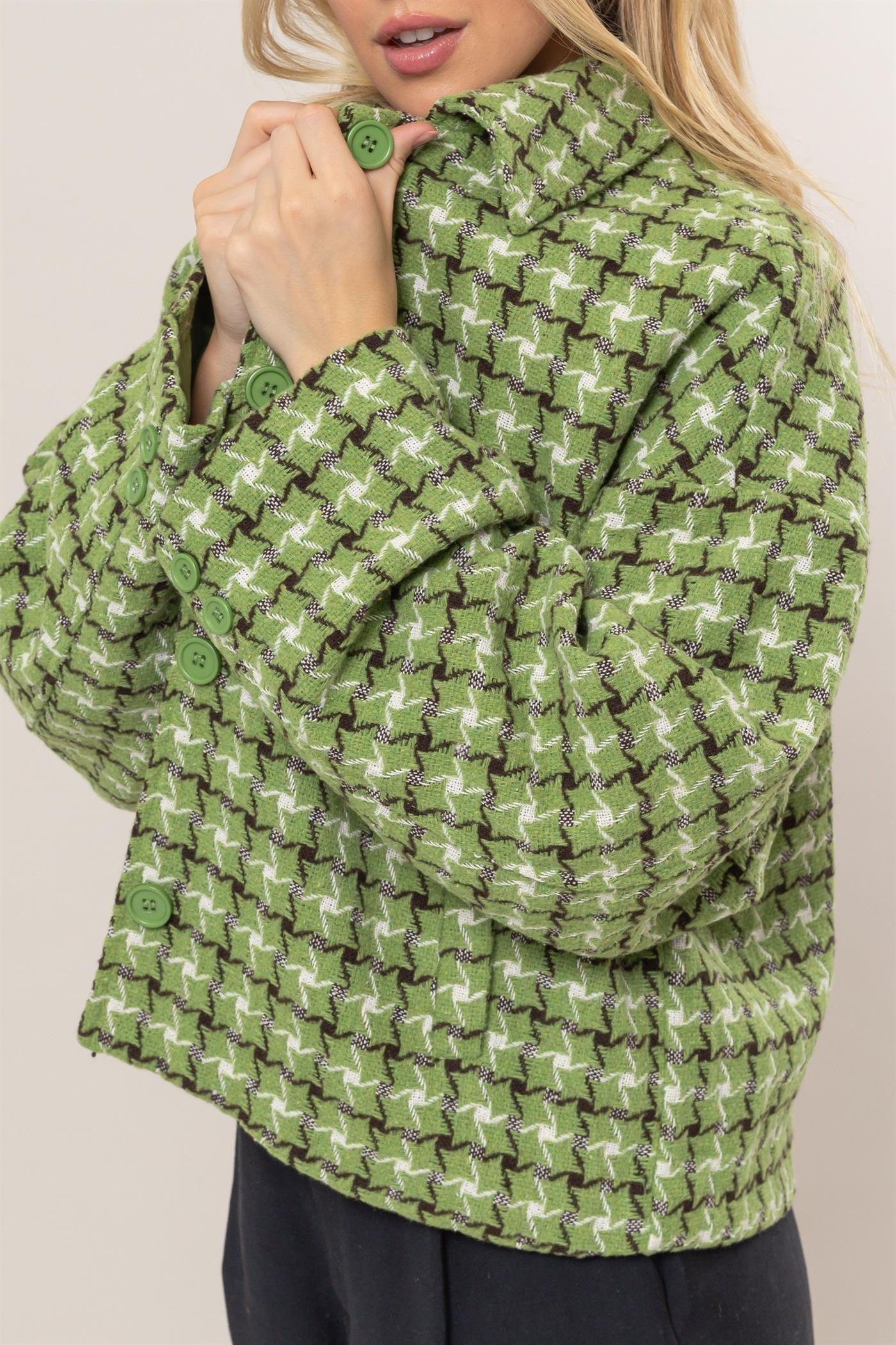 HYFVE Tweed Plaid Button Up Collared Neck Jacket - Clothes For Her Online Store