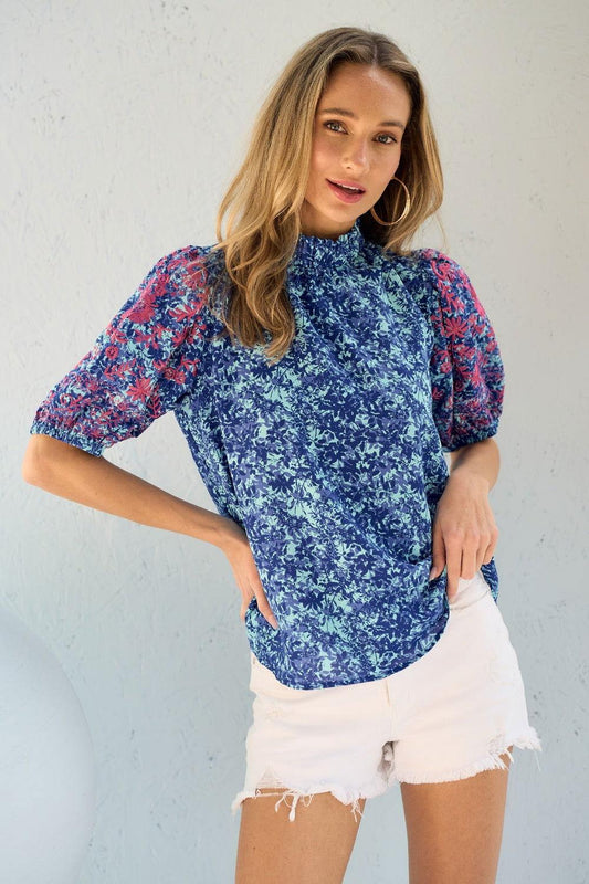 Hailey & Co Embroidered Puff Sleeve Printed Blouse - Clothes For Her Online Store