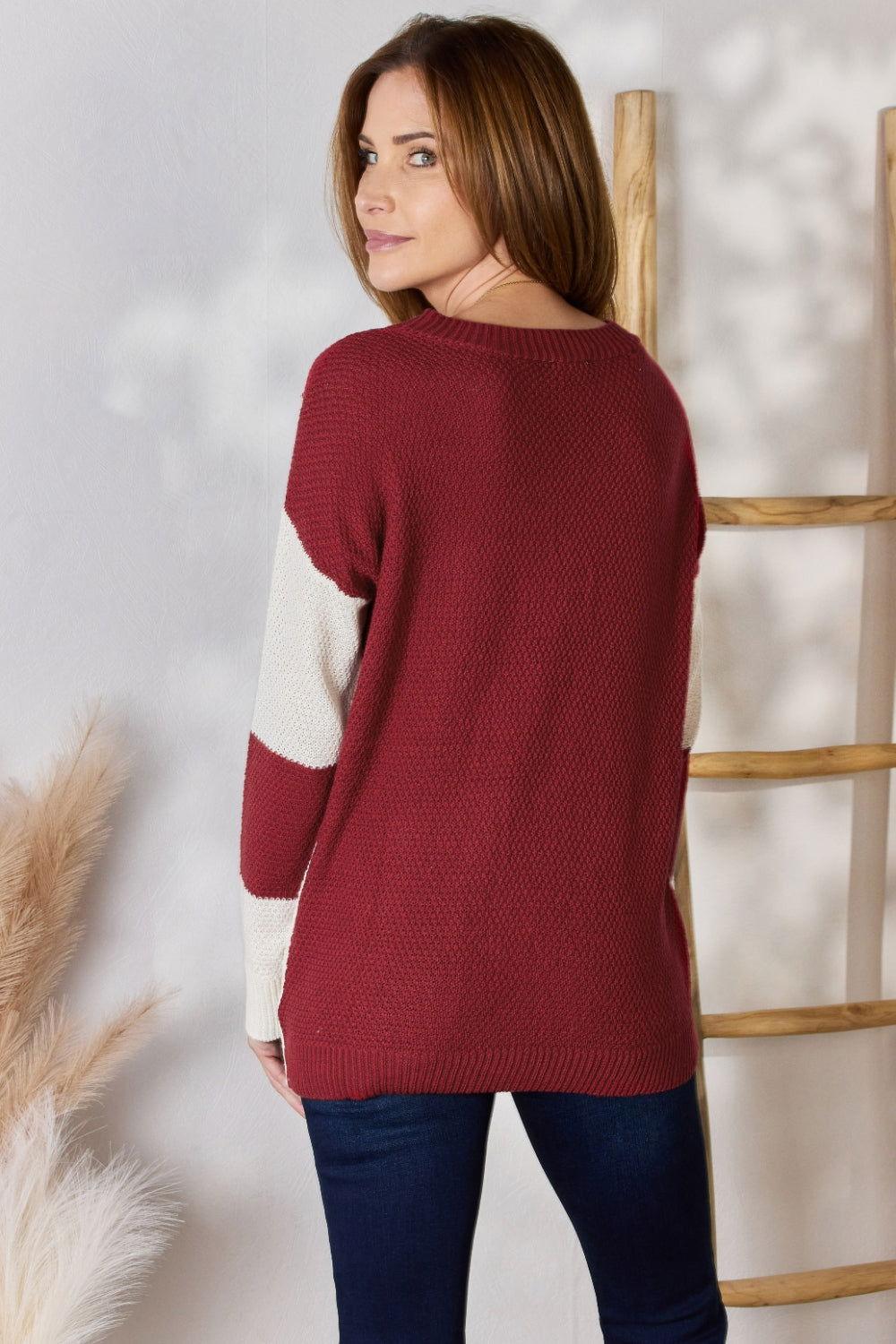 Hailey & Co Full Size Color Block Dropped Shoulder Knit Top - Clothes For Her Online Store