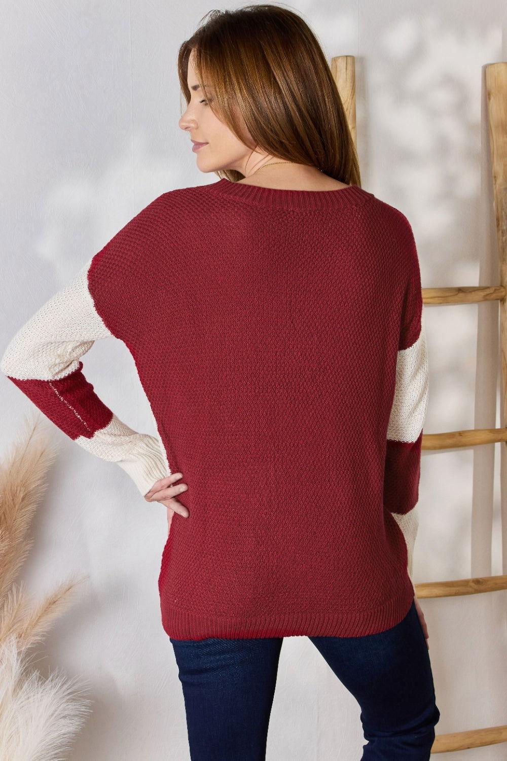 Hailey & Co Full Size Color Block Dropped Shoulder Knit Top - Clothes For Her Online Store
