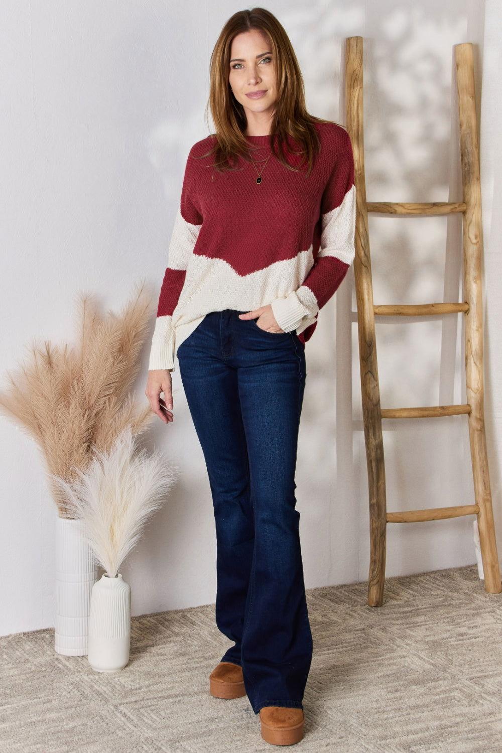 Hailey & Co Full Size Color Block Dropped Shoulder Knit Top - Clothes For Her Online Store