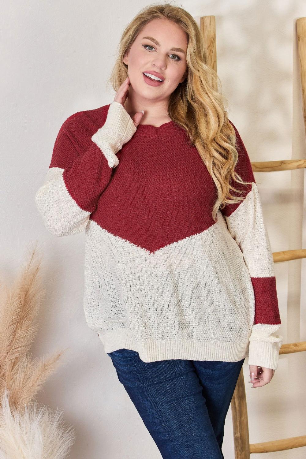 Hailey & Co Full Size Color Block Dropped Shoulder Knit Top - Clothes For Her Online Store