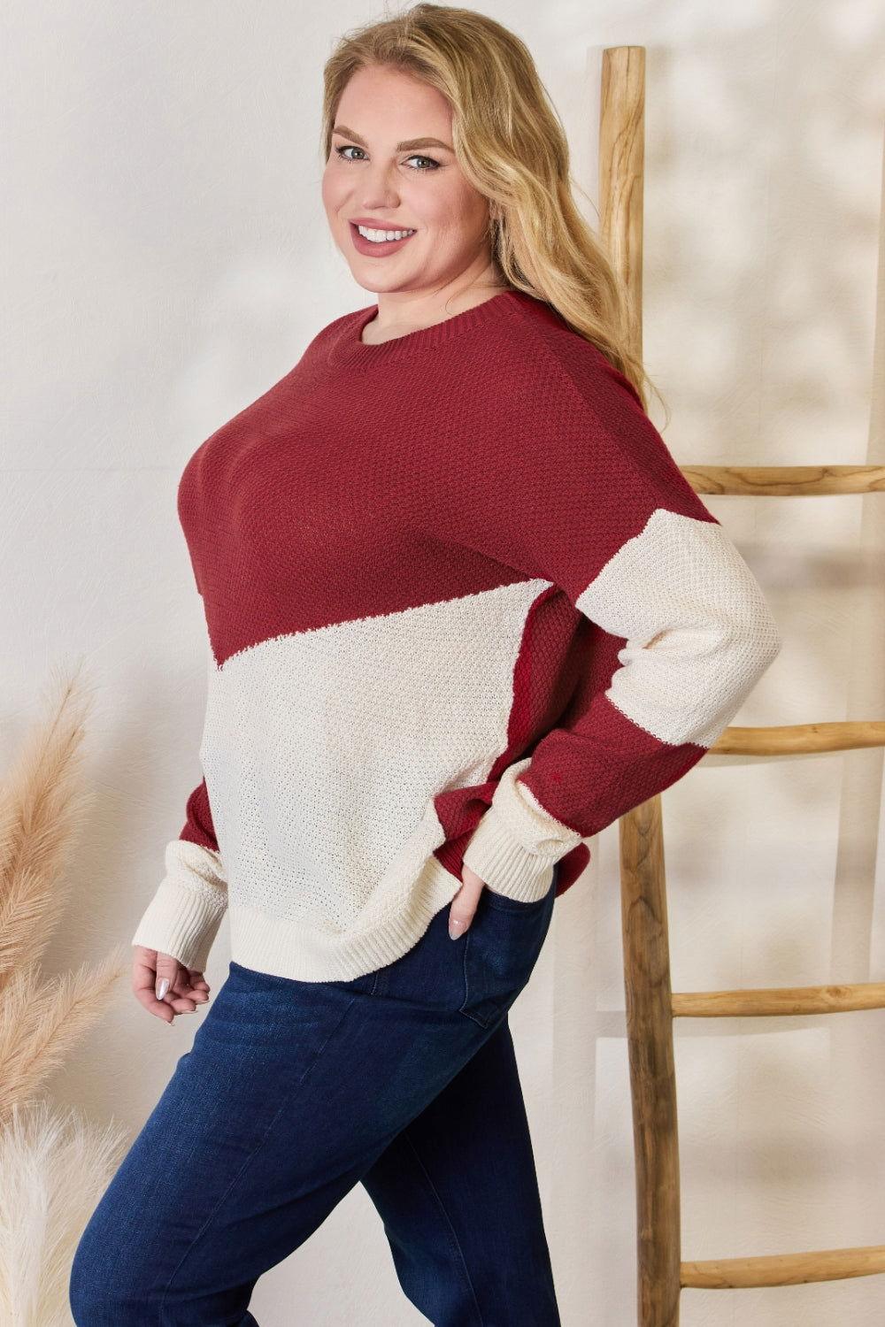 Hailey & Co Full Size Color Block Dropped Shoulder Knit Top - Clothes For Her Online Store