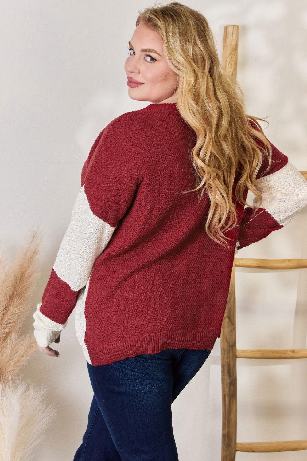 Hailey & Co Full Size Color Block Dropped Shoulder Knit Top - Clothes For Her Online Store