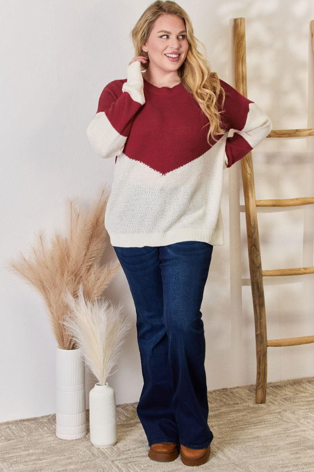 Hailey & Co Full Size Color Block Dropped Shoulder Knit Top - Clothes For Her Online Store