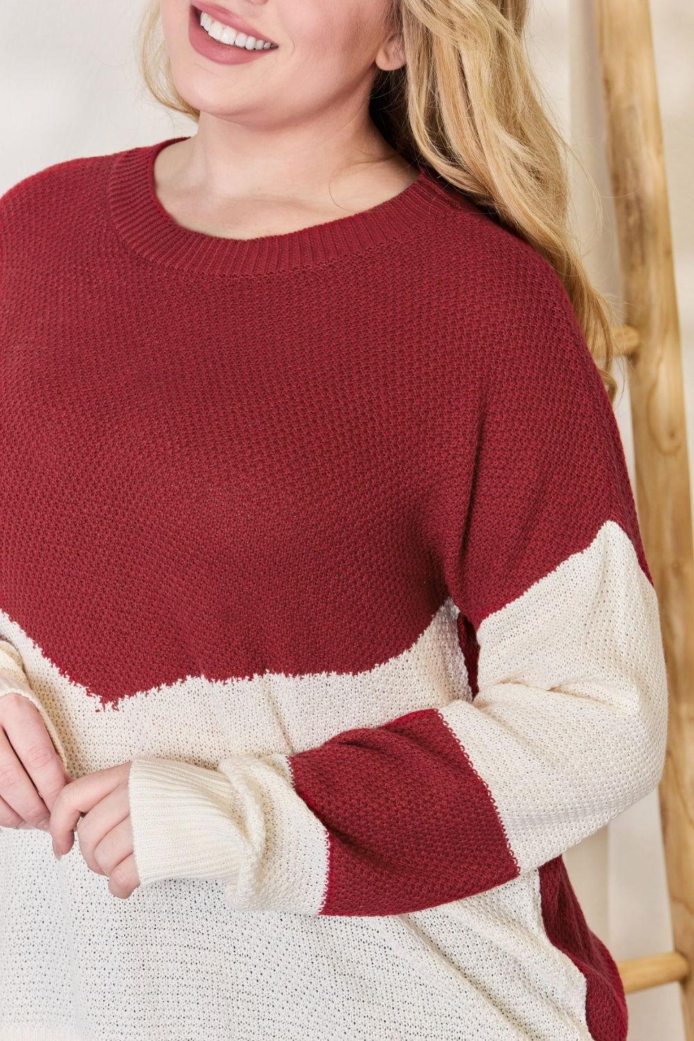 Hailey & Co Full Size Color Block Dropped Shoulder Knit Top - Clothes For Her Online Store
