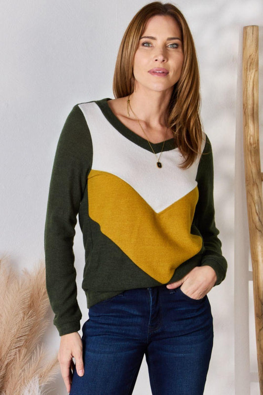 Hailey & Co Full Size Colorblock V-Neck Blouse - Clothes For Her Online Store