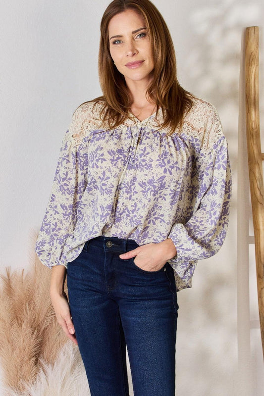 Hailey & Co Full Size Lace Detail Printed Blouse - Clothes For Her Online Store