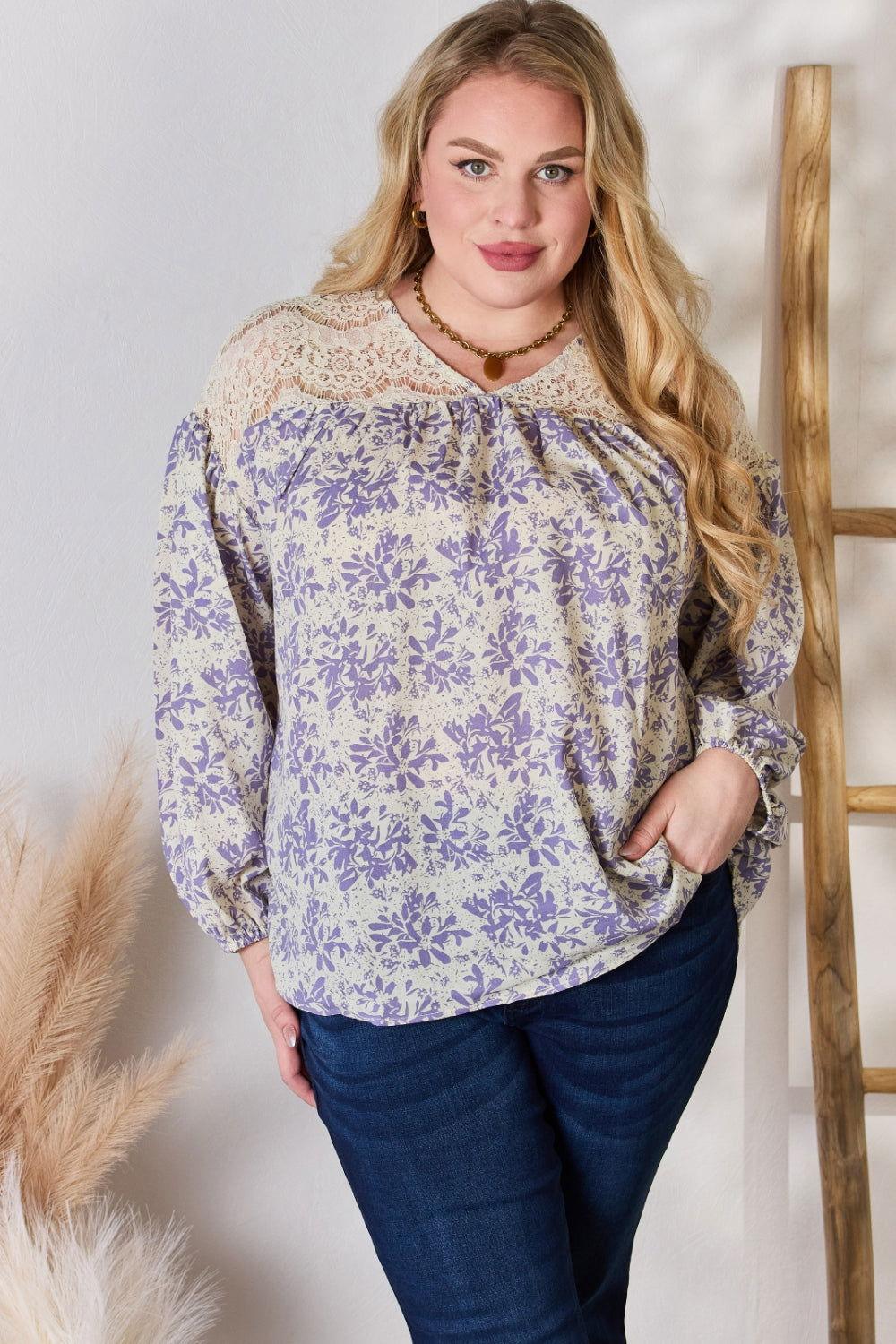 Hailey & Co Full Size Lace Detail Printed Blouse - Clothes For Her Online Store