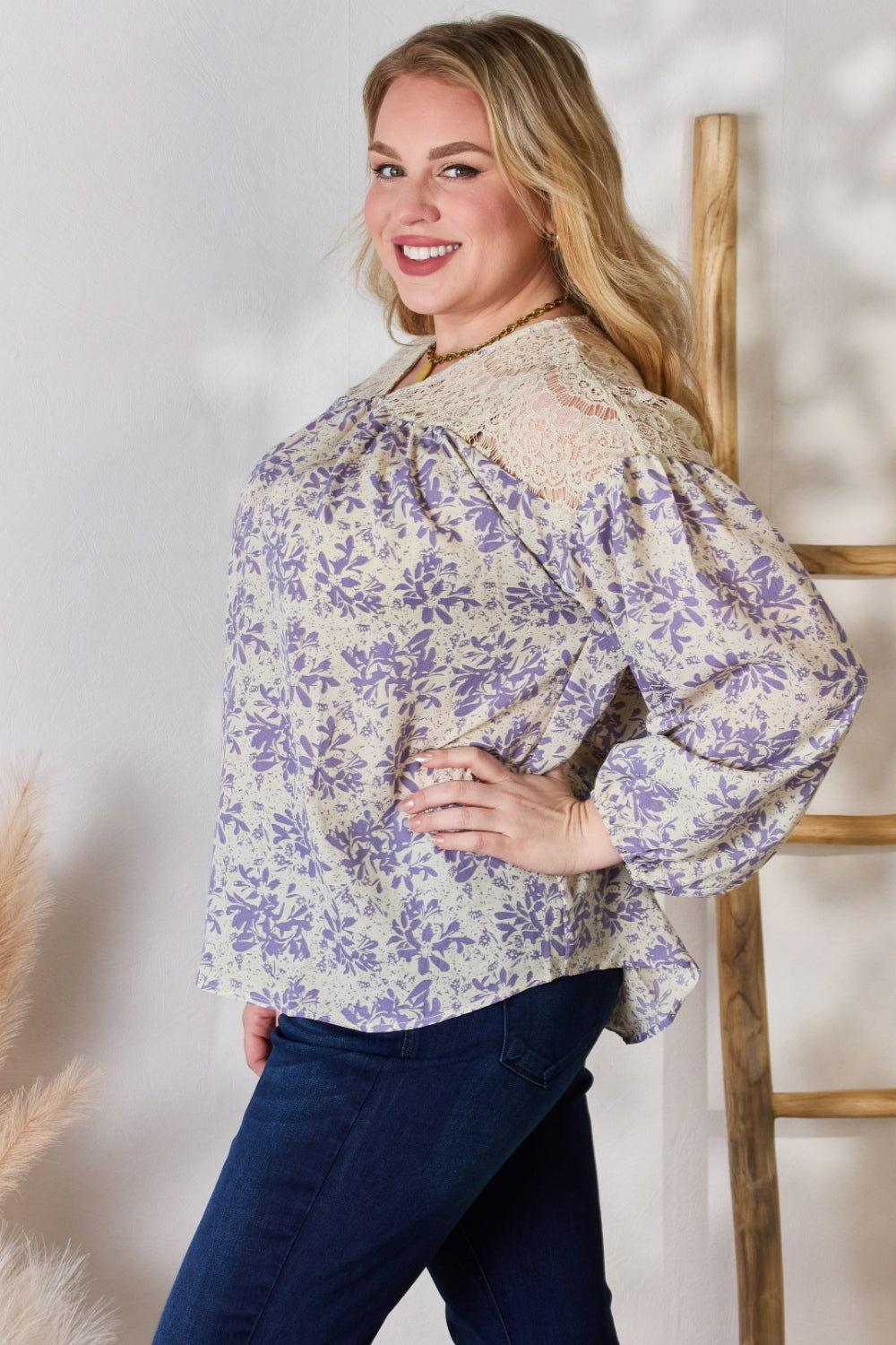 Hailey & Co Full Size Lace Detail Printed Blouse - Clothes For Her Online Store