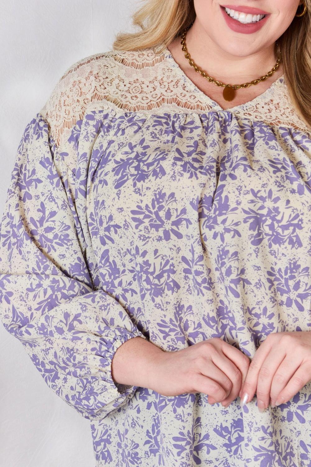 Hailey & Co Full Size Lace Detail Printed Blouse - Clothes For Her Online Store