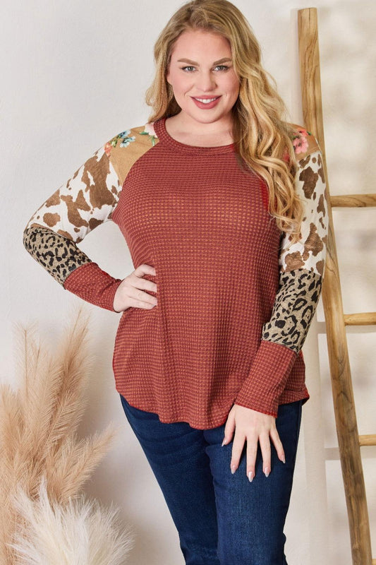 Hailey & Co Full Size Leopard Waffle-Knit Blouse - Clothes For Her Online Store