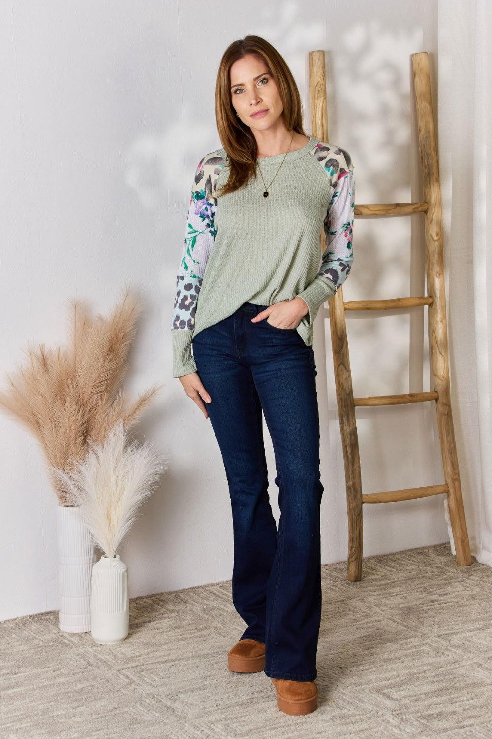 Hailey & Co Full Size Printed Round Neck Blouse - Clothes For Her Online Store