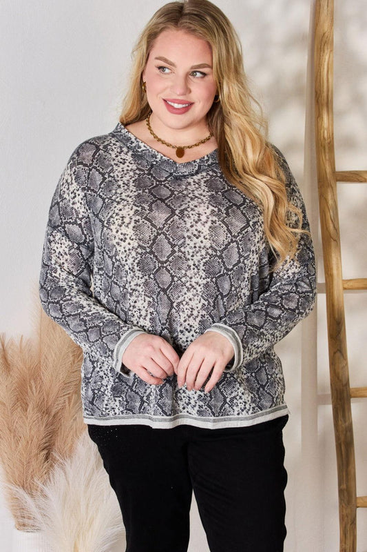 Hailey & Co Full Size Snakeskin V-Neck Long Sleeve Top - Clothes For Her Online Store