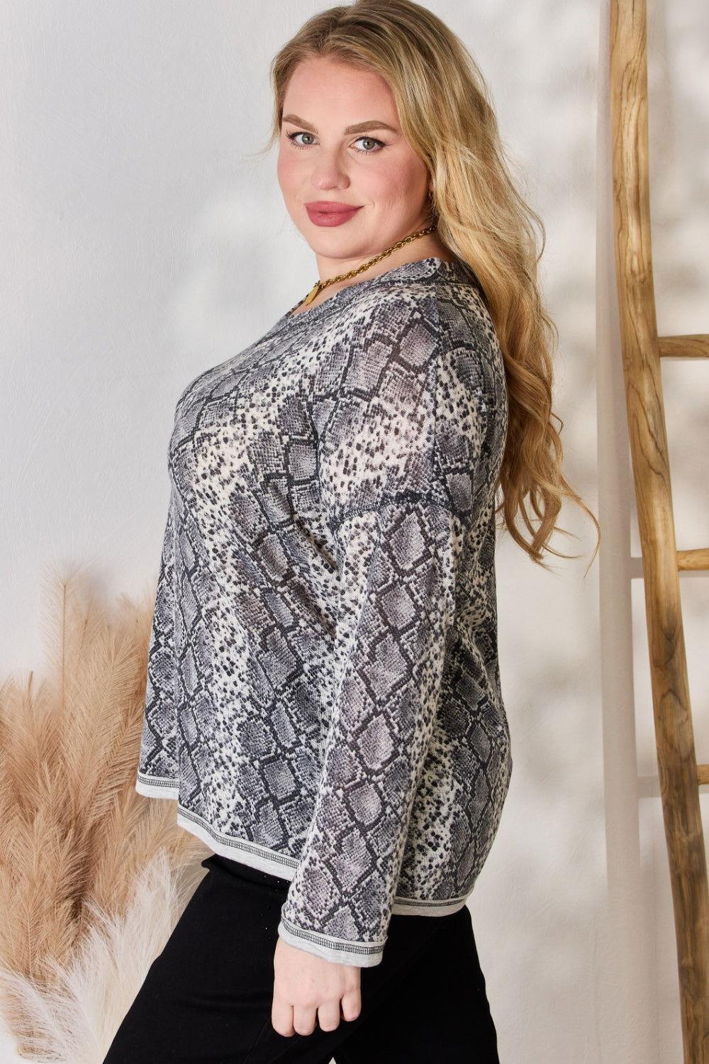 Hailey & Co Full Size Snakeskin V-Neck Long Sleeve Top - Clothes For Her Online Store
