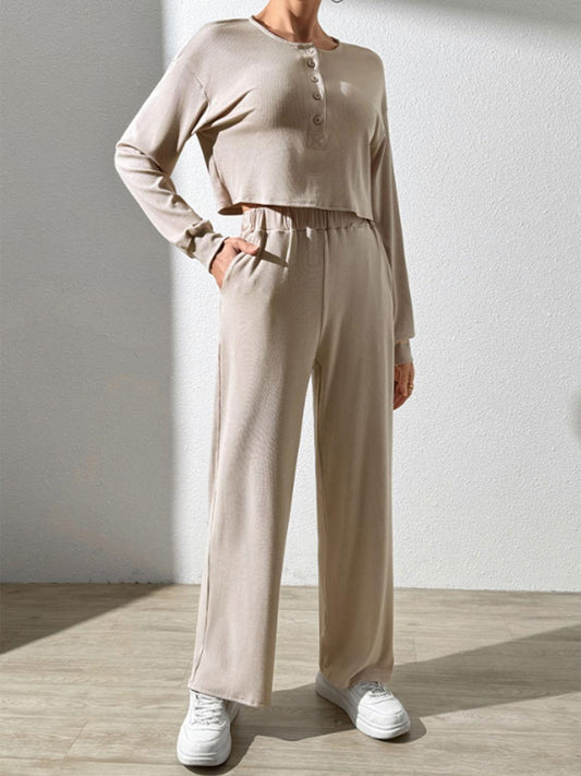 Half Button Long Sleeve Top and Pants Set - Clothes For Her Online Store