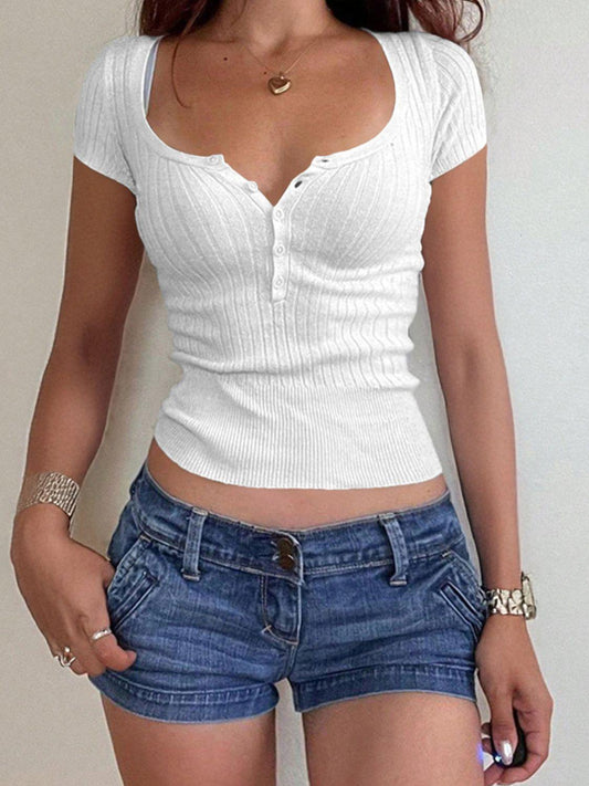 Half Button Scoop Neck Short Sleeve Knit Top - Clothes For Her Online Store