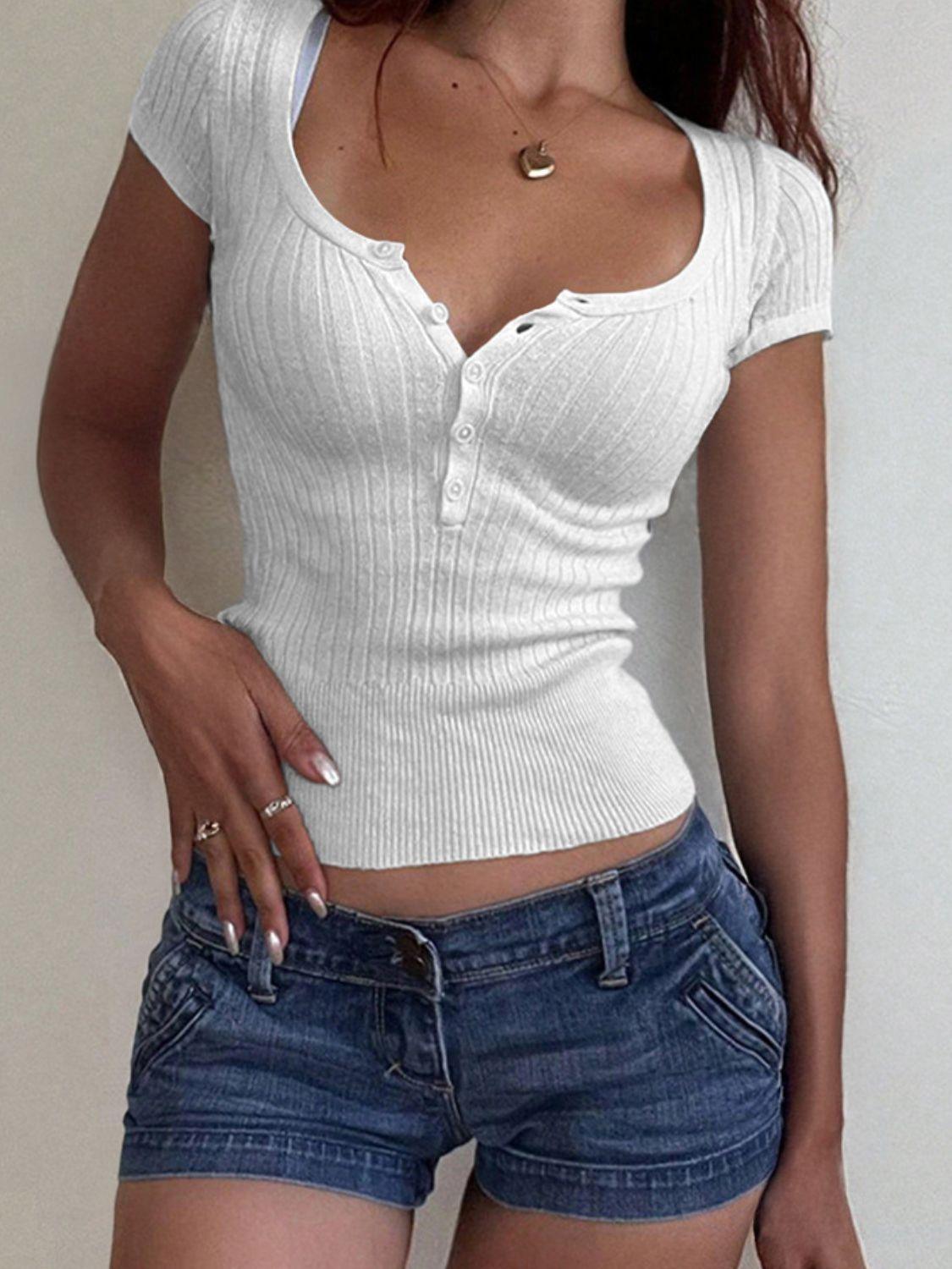 Half Button Scoop Neck Short Sleeve Knit Top - Clothes For Her Online Store