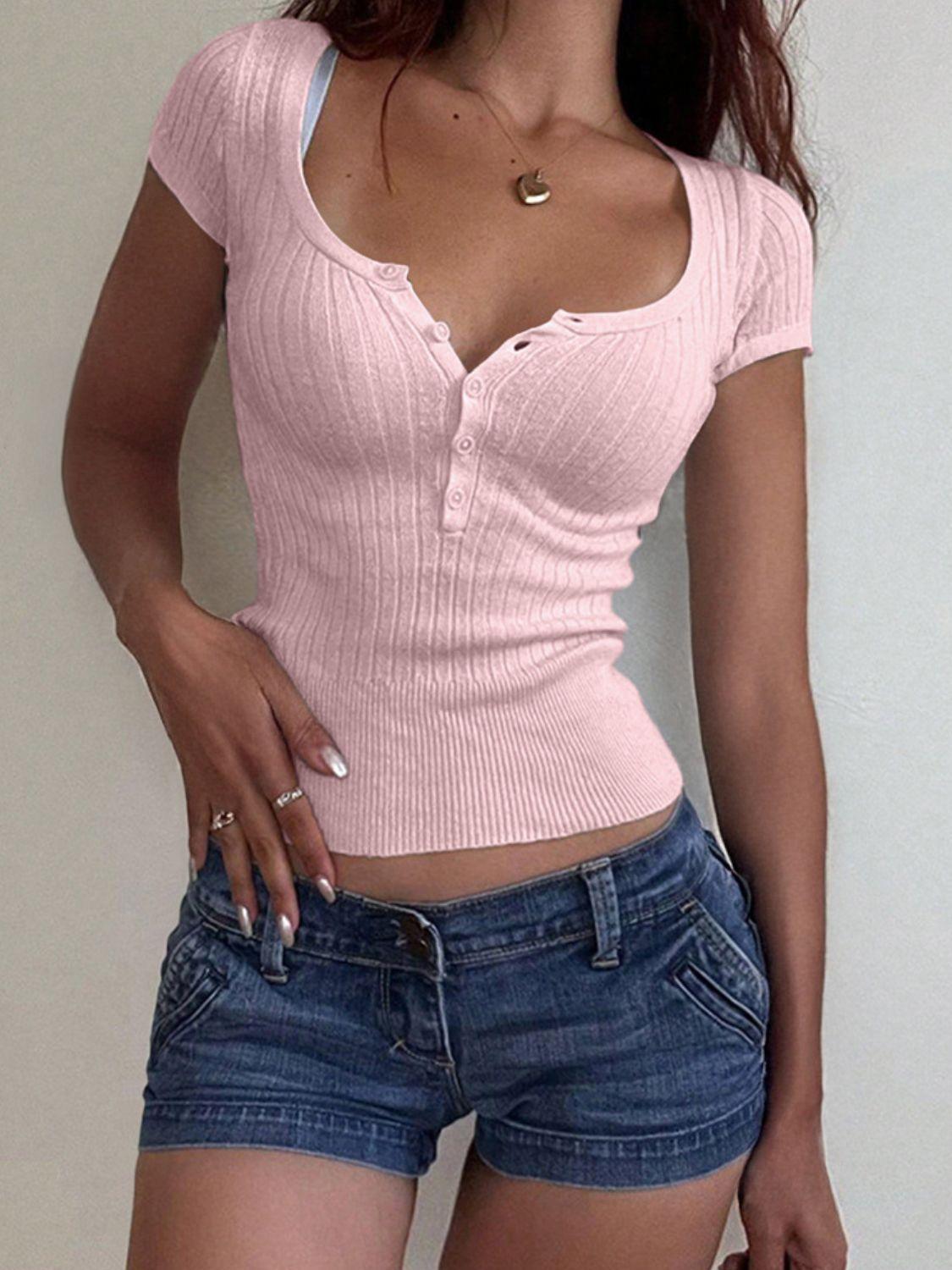 Half Button Scoop Neck Short Sleeve Knit Top - Clothes For Her Online Store