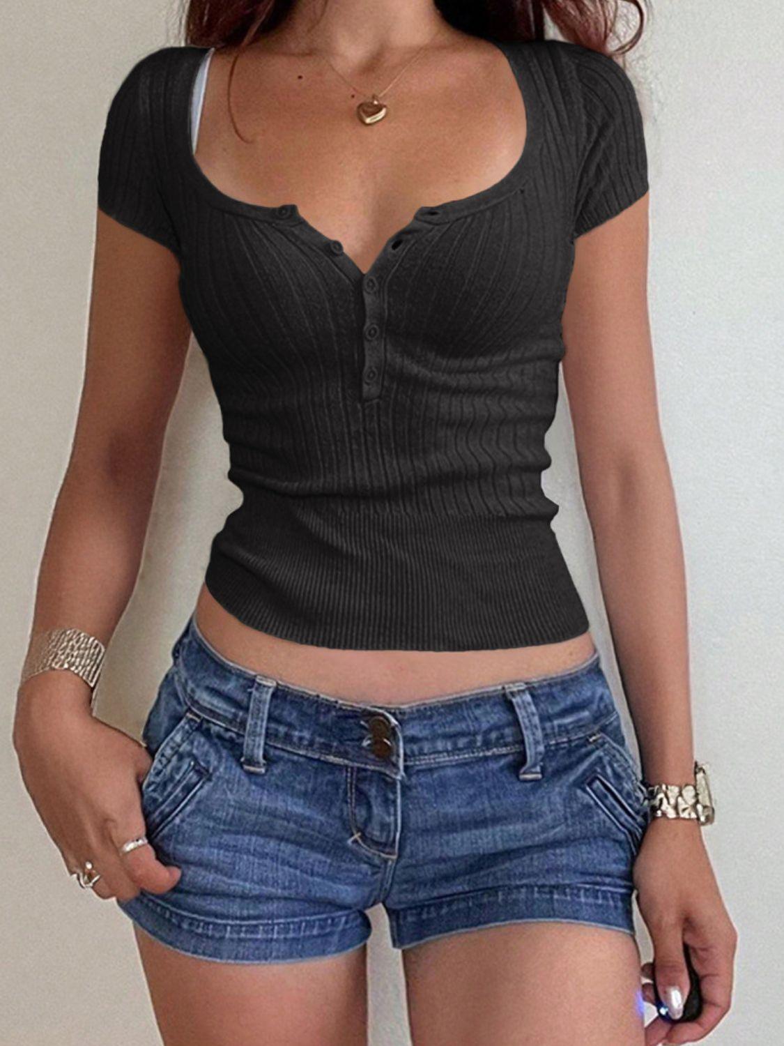 Half Button Scoop Neck Short Sleeve Knit Top - Clothes For Her Online Store
