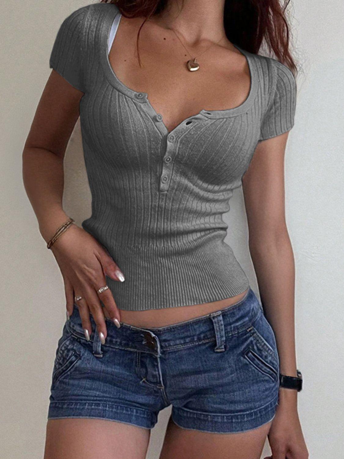 Half Button Scoop Neck Short Sleeve Knit Top - Clothes For Her Online Store