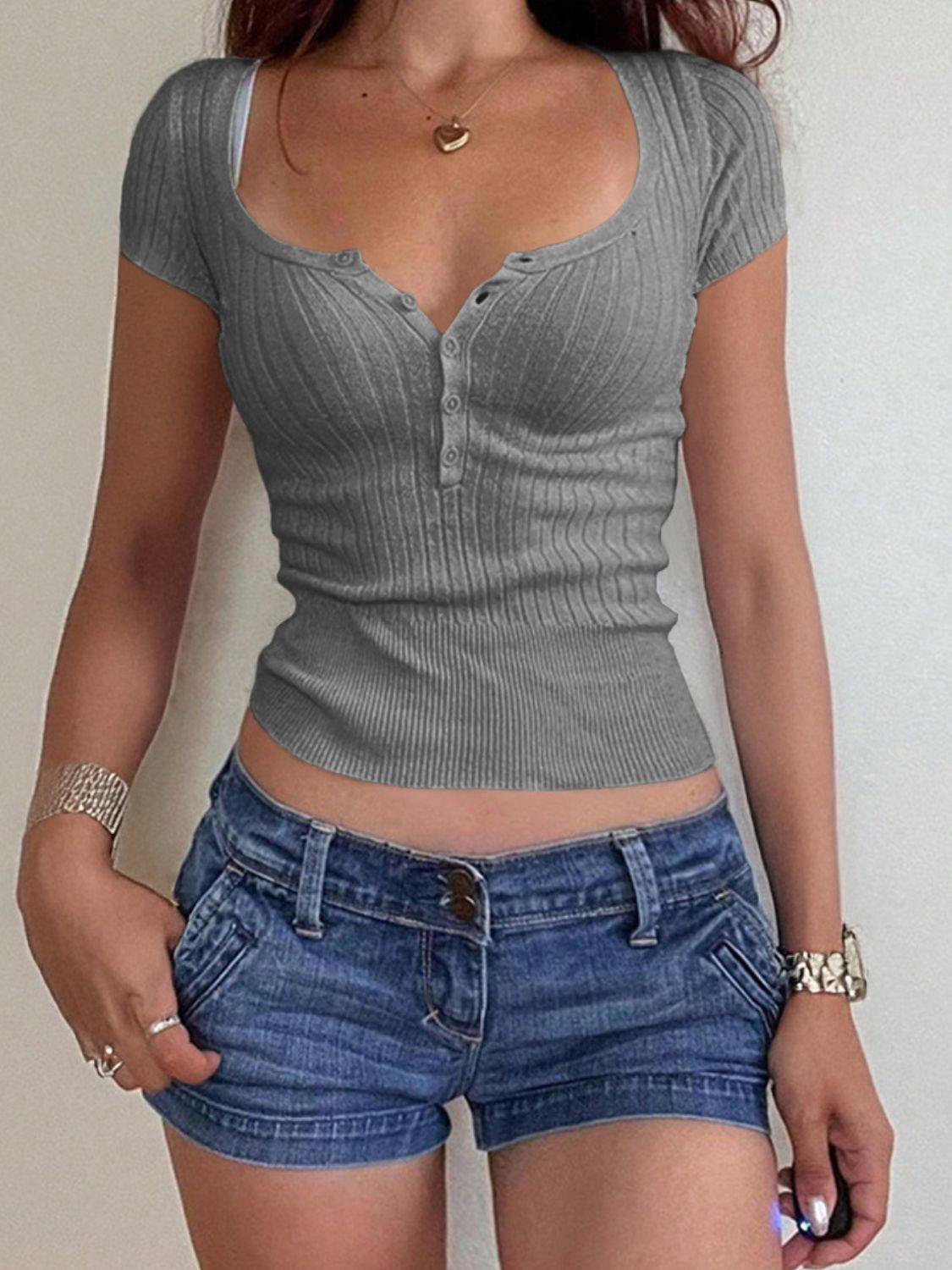Half Button Scoop Neck Short Sleeve Knit Top - Clothes For Her Online Store