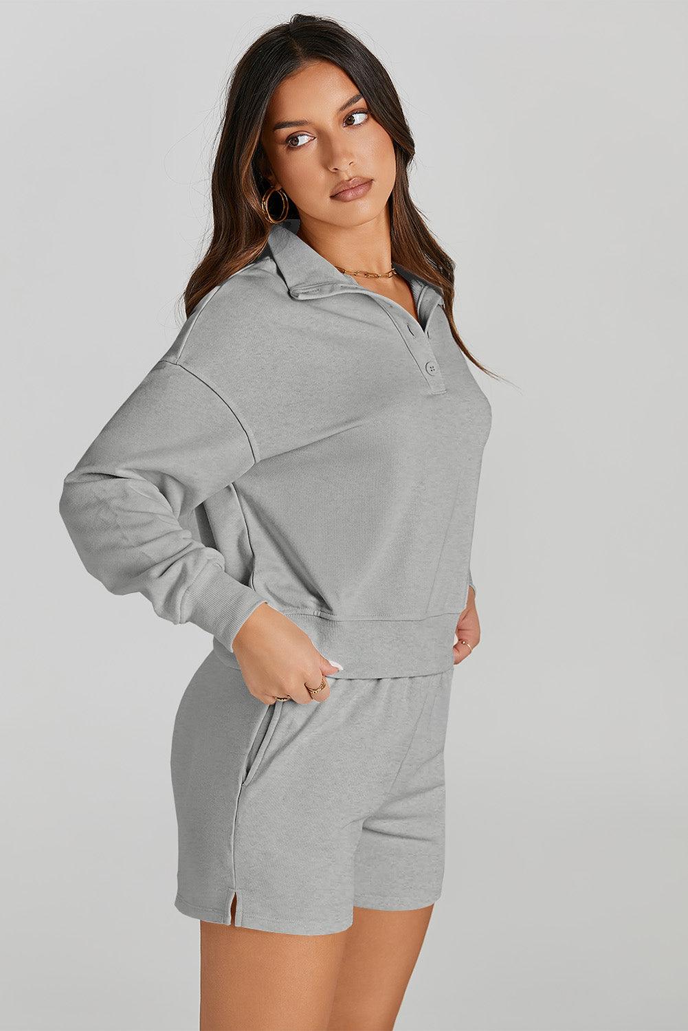 Half Button Sweatshirt and Shorts Active Set - Clothes For Her Online Store