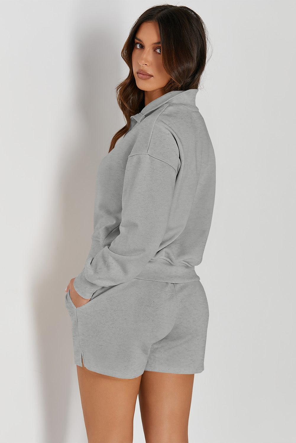Half Button Sweatshirt and Shorts Active Set - Clothes For Her Online Store