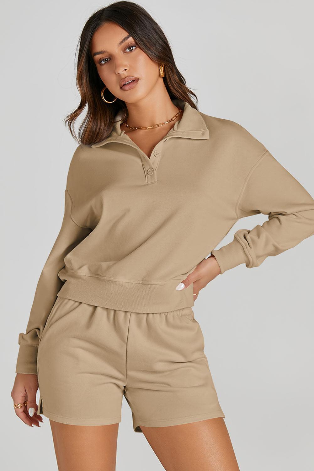 Half Button Sweatshirt and Shorts Active Set - Clothes For Her Online Store