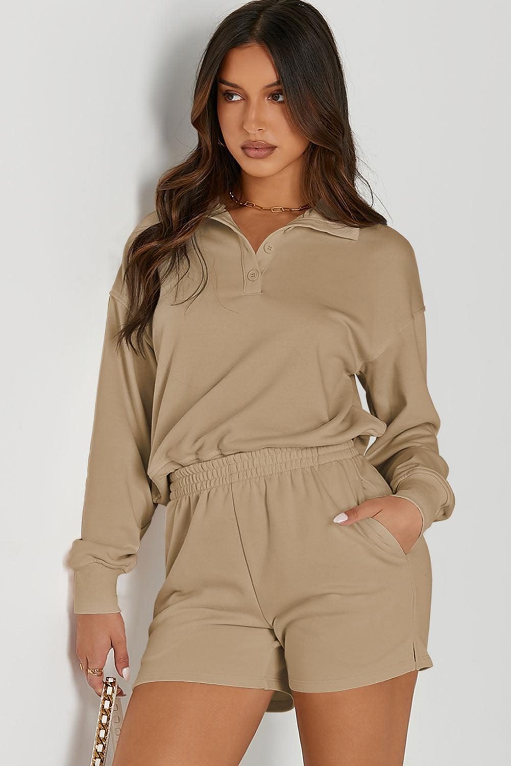 Half Button Sweatshirt and Shorts Active Set - Clothes For Her Online Store