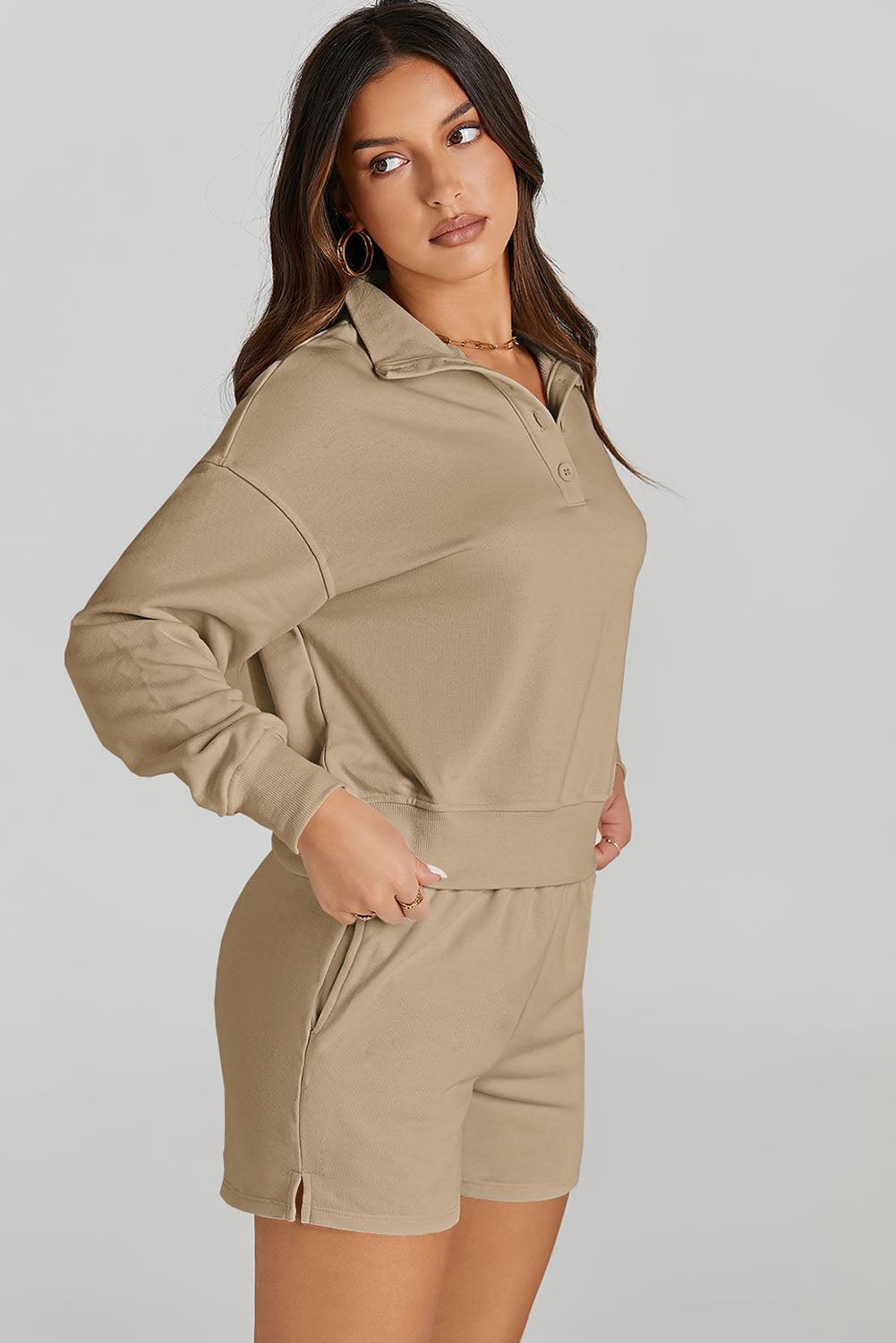Half Button Sweatshirt and Shorts Active Set - Clothes For Her Online Store