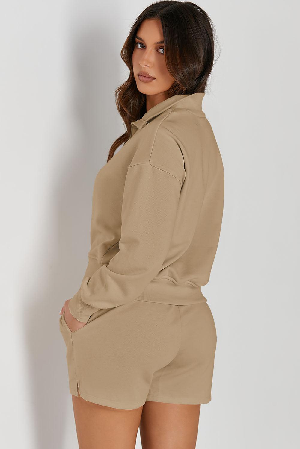 Half Button Sweatshirt and Shorts Active Set - Clothes For Her Online Store
