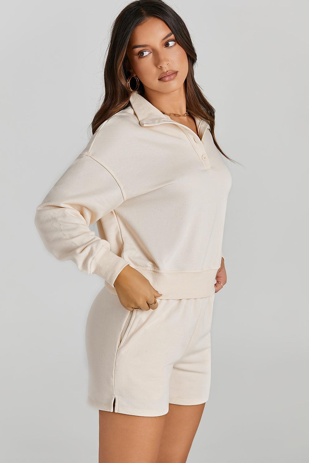 Half Button Sweatshirt and Shorts Active Set - Clothes For Her Online Store