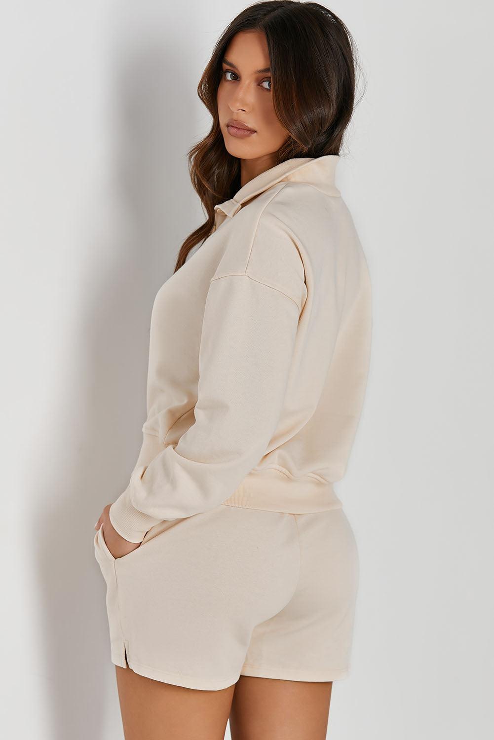 Half Button Sweatshirt and Shorts Active Set - Clothes For Her Online Store