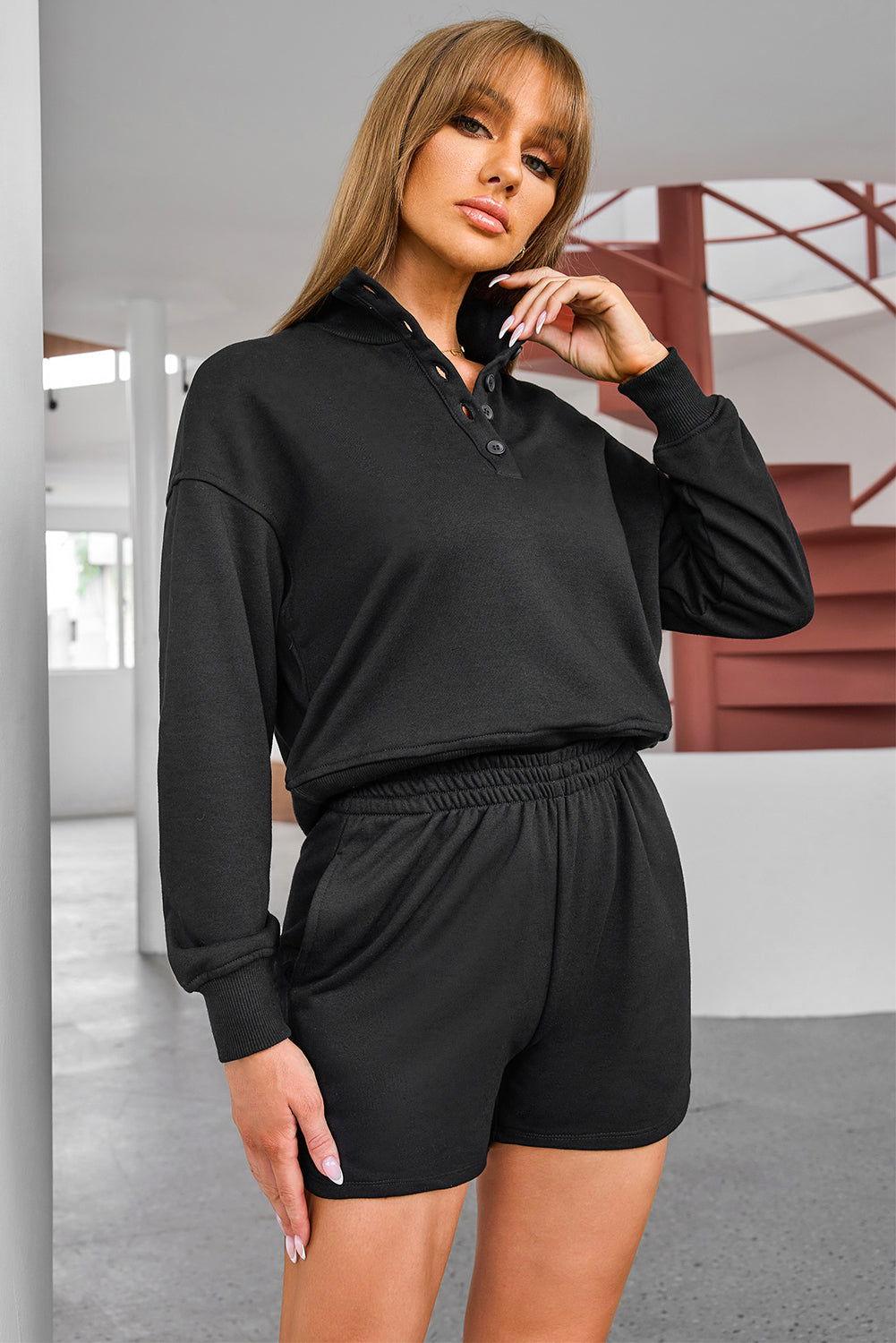 Half Button Sweatshirt and Shorts Active Set - Clothes For Her Online Store