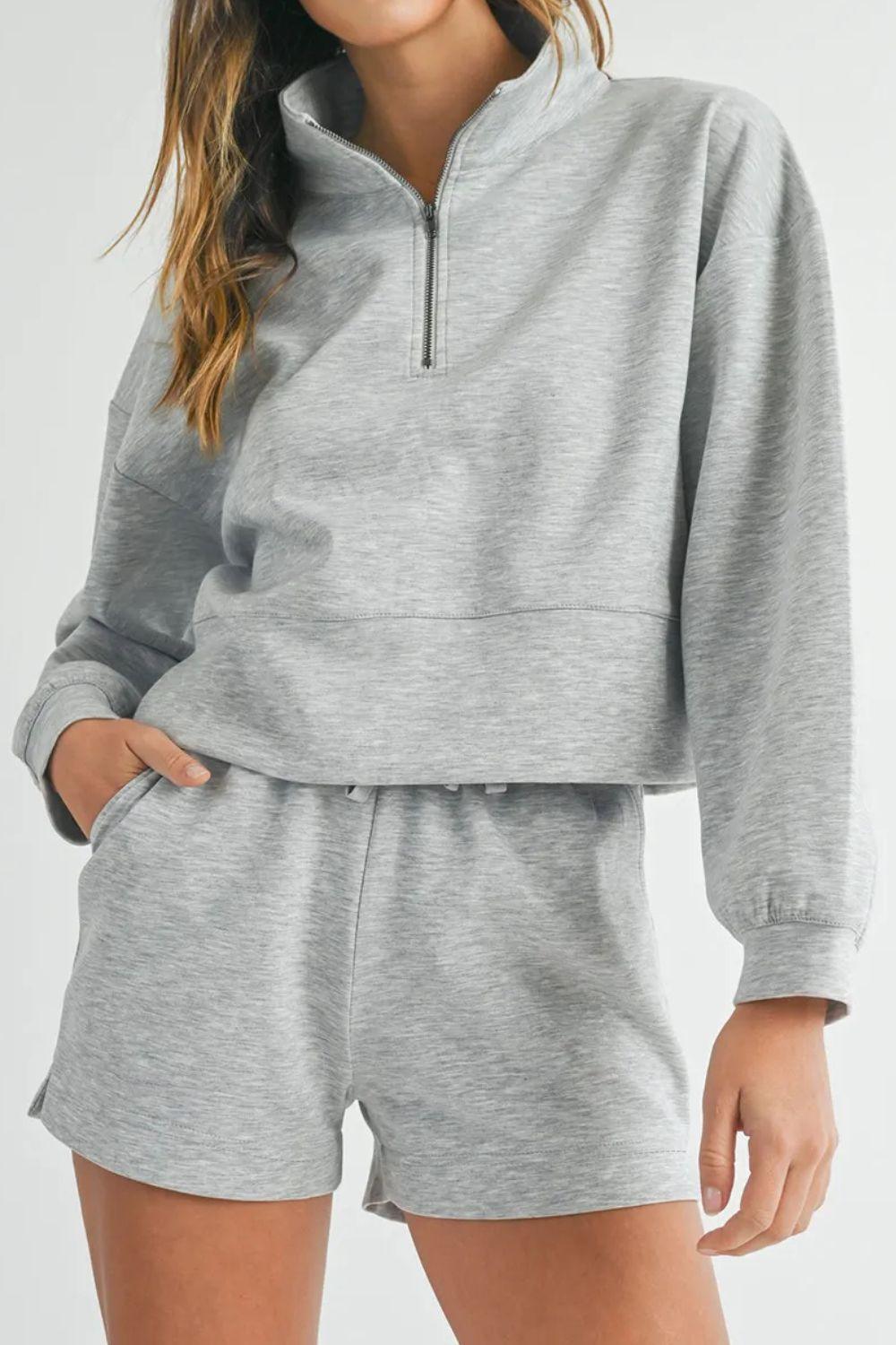Half Zip Long Sleeve Top and Drawstring Shorts Set - Clothes For Her Online Store
