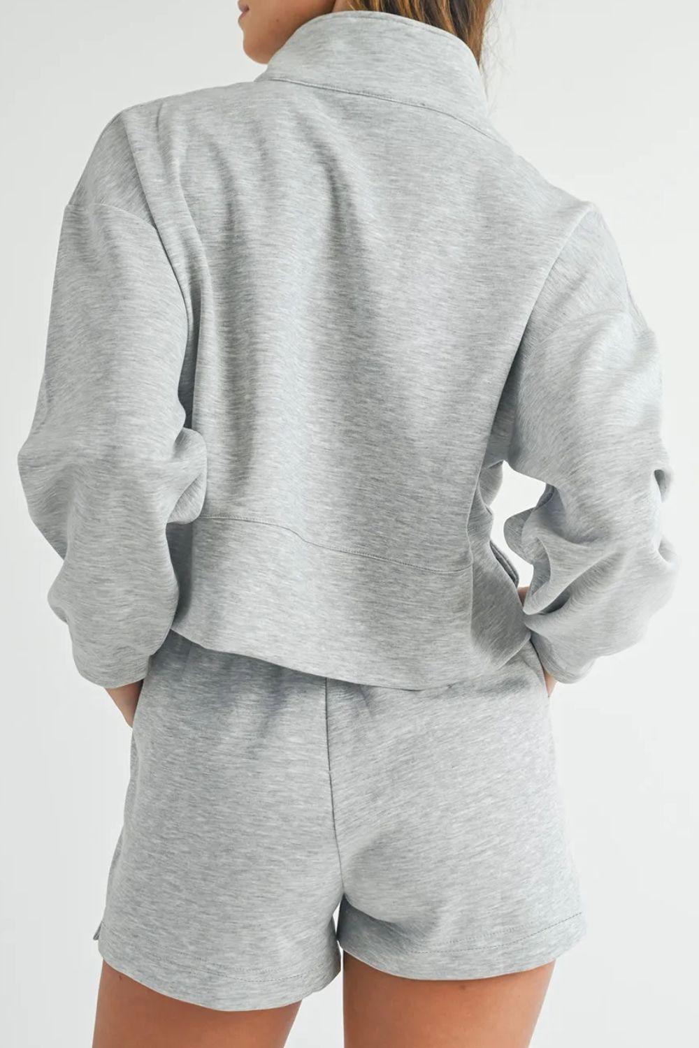 Half Zip Long Sleeve Top and Drawstring Shorts Set - Clothes For Her Online Store