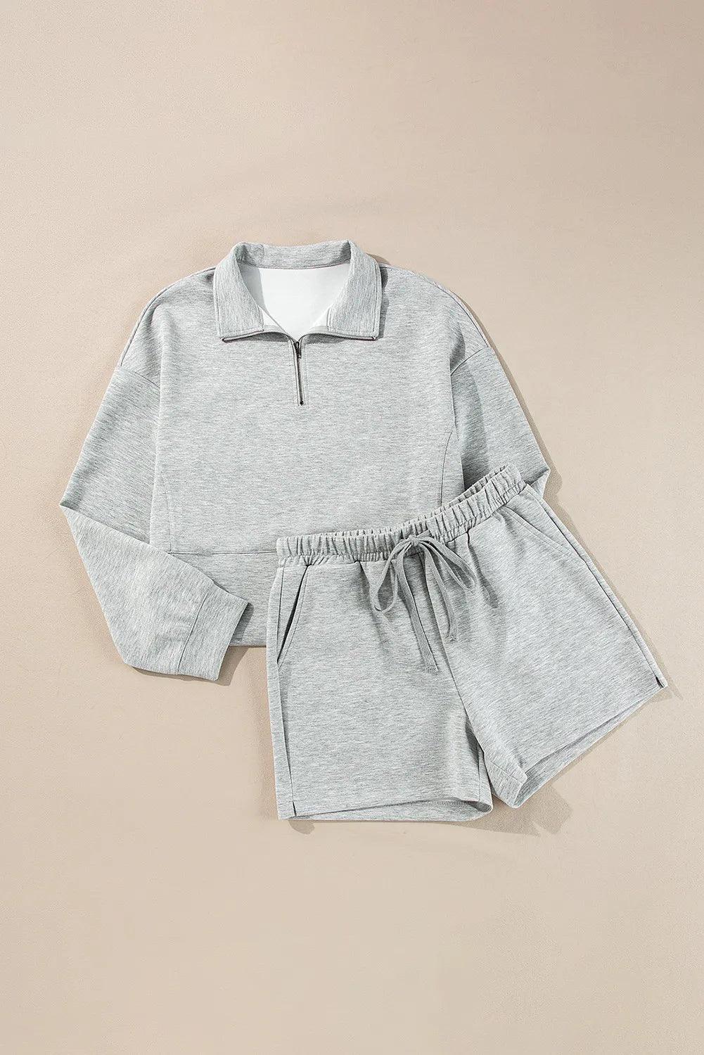 Half Zip Long Sleeve Top and Drawstring Shorts Set - Clothes For Her Online Store