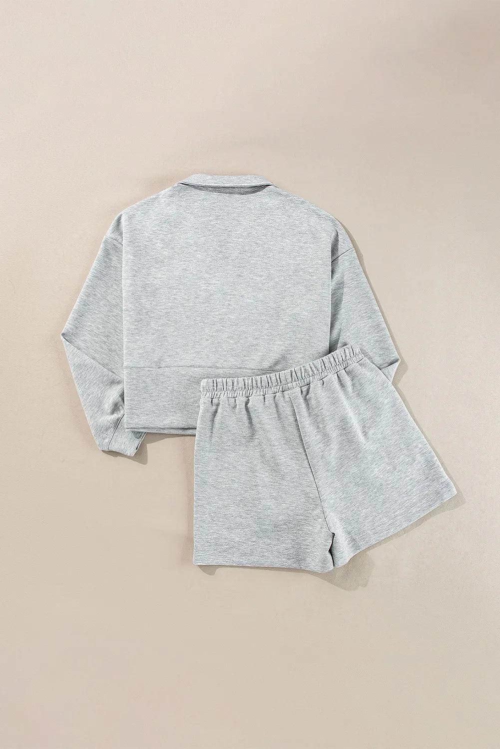 Half Zip Long Sleeve Top and Drawstring Shorts Set - Clothes For Her Online Store