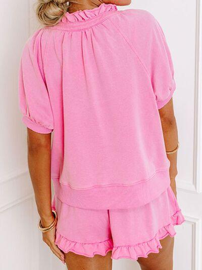 Half Zip Puff Sleeve Top and Ruffled Shorts Set - Clothes For Her Online Store