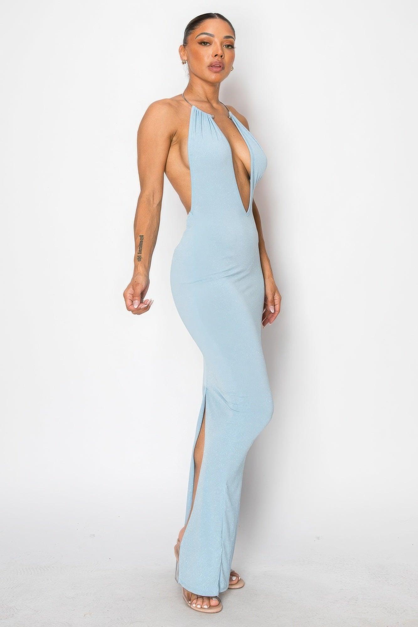 Halter Necklace Trim Long Dress - Clothes For Her Online Store