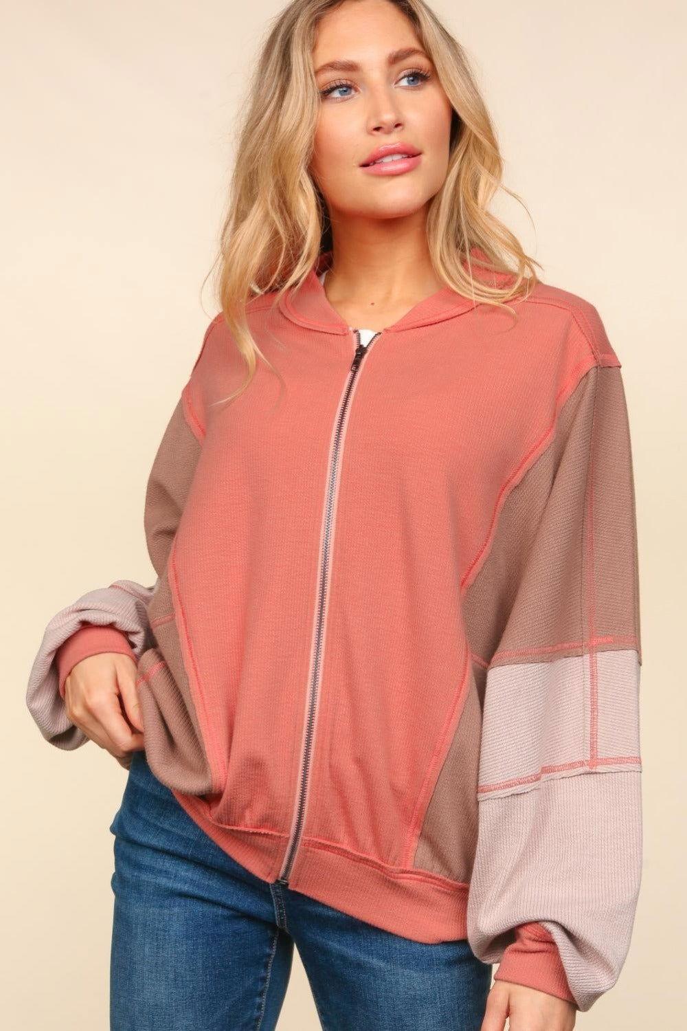 Haptics Zip Up Color Block Bomber Jacket with Side Pockets - Clothes For Her Online Store