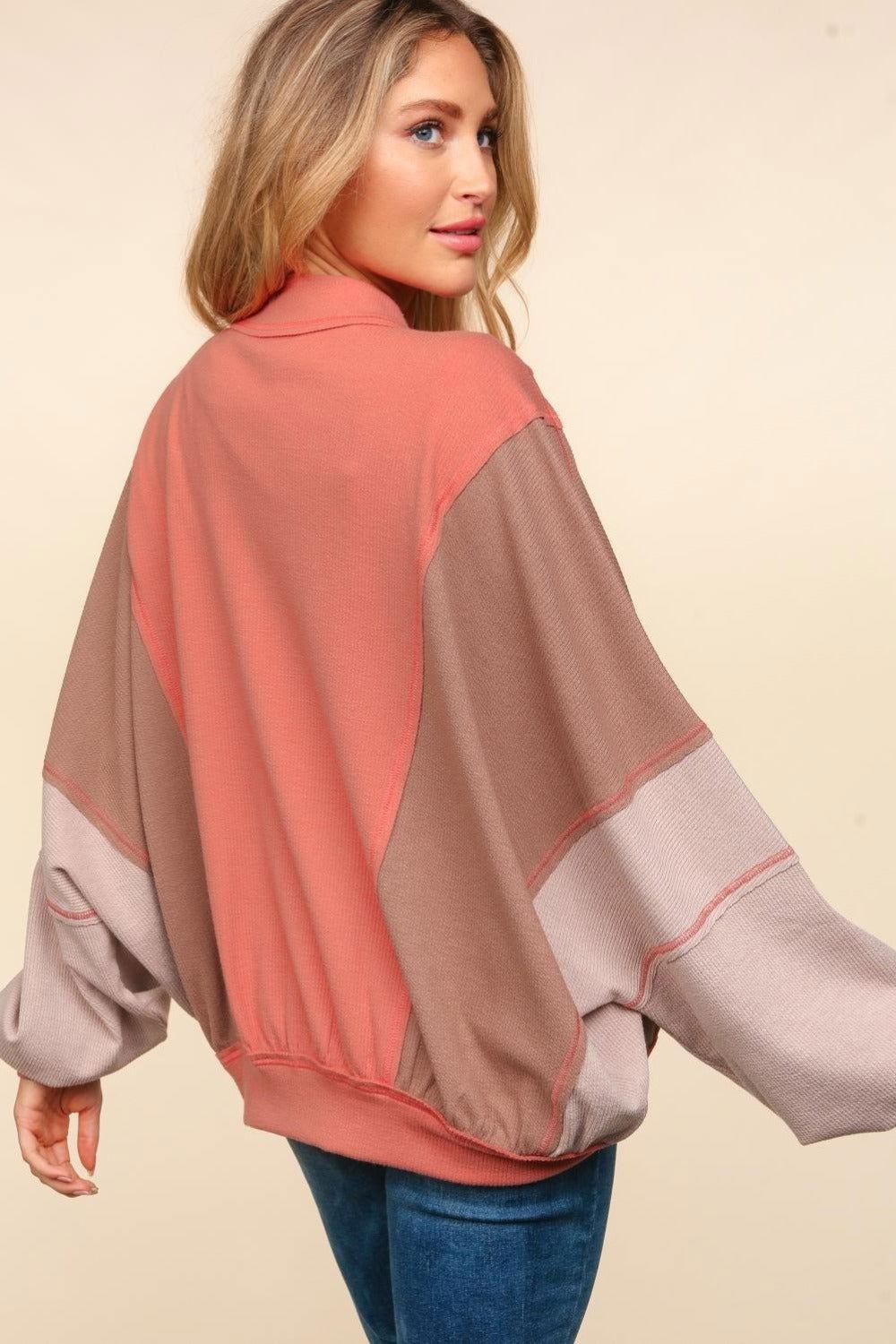 Haptics Zip Up Color Block Bomber Jacket with Side Pockets - Clothes For Her Online Store