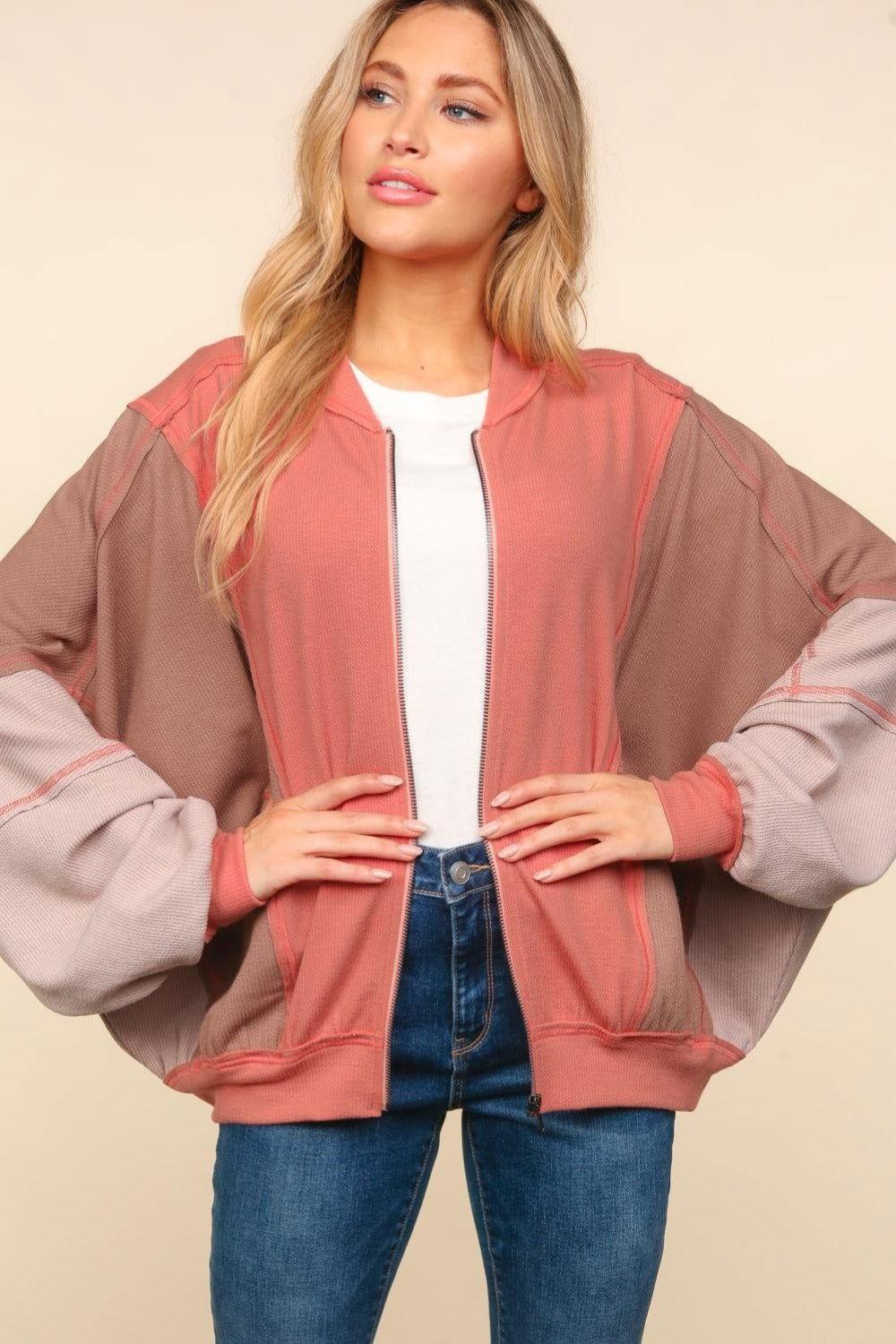Haptics Zip Up Color Block Bomber Jacket with Side Pockets - Clothes For Her Online Store