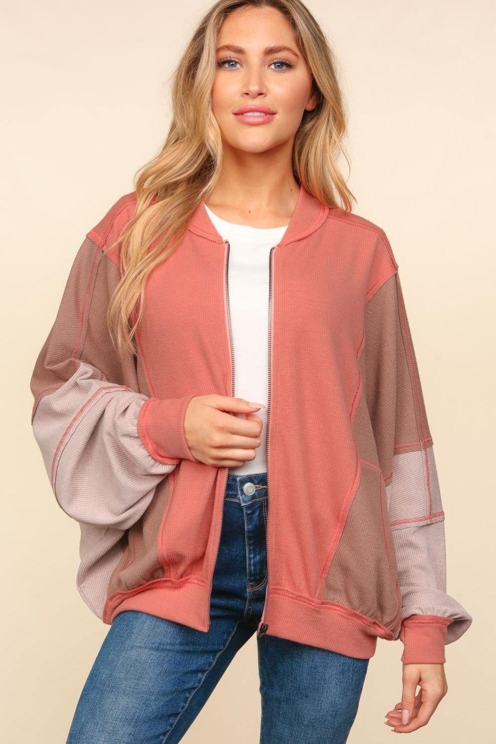 Haptics Zip Up Color Block Bomber Jacket with Side Pockets - Clothes For Her Online Store